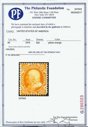 1857-60 (1875 Reprint), 30¢ yellow orange (Scott 46), without gum as ...