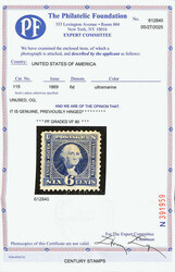 1869, 6¢ ultramarine (Scott 115), o.g., lightly hinged, fresh with ...