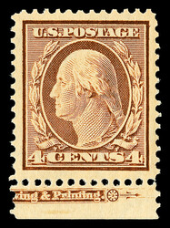 1908, 4¢ orange brown, D.L. watermark (Scott 334), bottom margin ...