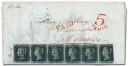 1841, 2d blue, "white lines" (Scott 4), horizontal strip of 6, ...