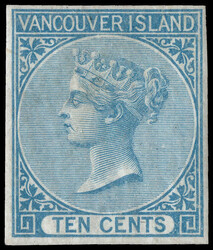 1865, Queen Victoria, 10¢ blue, imperf. (Scott 4), full, lightly ...