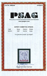 1867, Seal of the Colony, 50¢ on 3d violet, perf. 14 (Scott 12), a ...