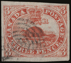 1851, Beaver, 3d red, on laid paper, imperforate (Scott 1), a ...