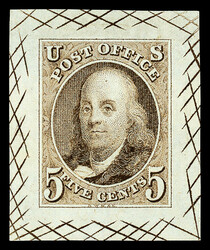 1847, 5¢ black brown, trial color large die proof on bond paper ...