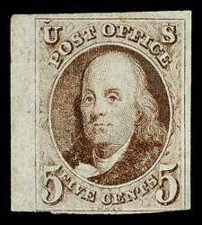 1847, 5¢ red brown (Scott 1), left margin single, unused without gum ...