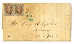1847, 5¢ red brown (Scott 1), horizontal pair with huge margin at ...