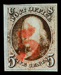 1847, 5¢ red brown (Scott 1), dry print variety per certificate, ...