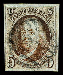 1847, 5¢ red brown (Scott 1), fresh with deep color; margins clear ...