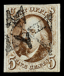 1847, 5¢ red brown (Scott 1), richly colored stamp with just-clear ...