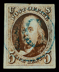 1847, 5¢ orange brown (Scott 1b), sound with rich color and clear to ...