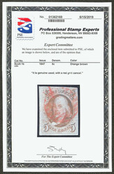 1847, 5¢ orange brown (Scott 1b), massive margins at left and bottom ...