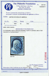 1851, 1¢ blue, type I (Scott 5), full margins at bottom and right ...