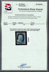 1857, 1¢ blue, type Ia (Scott 19), unused without gum, in proof-like ...