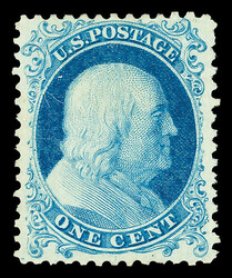 1857-60 (1875 Reprint), 1¢ bright blue (Scott 40), without gum as ...