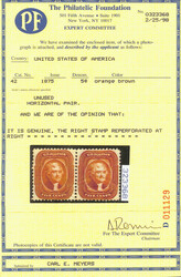 1857-60 (1875 Reprint), 5¢ orange brown (Scott 42), without gum as ...