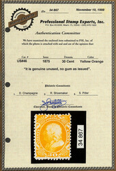 1857-60 (1875 Reprint), 30¢ yellow orange (Scott 46), without gum as ...