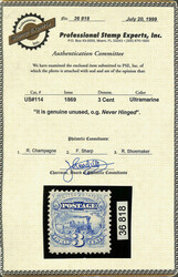 1869, 3¢ ultramarine (Scott 114), o.g., never hinged, Post Office ...