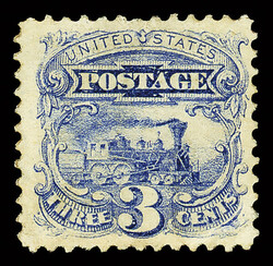 1869, 3¢ ultramarine, without grill (Scott 114a), slightly disturbed ...