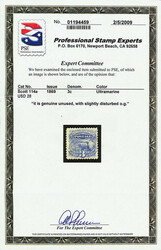 1869, 3¢ ultramarine, without grill (Scott 114a), slightly disturbed ...