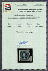 1903, $5 dark green (Scott 313), o.g., central hinge mark, remarkably ...