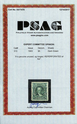 1903, $5 dark green (Scott 313), o.g., hinged, fresh with rich, deep ...