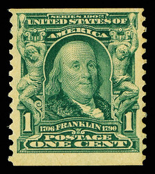 1908, 1¢ blue green, experimental coil, perf. 12 vertically (Scott ...