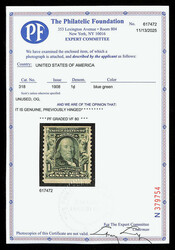 1908, 1¢ blue green, experimental coil, perf. 12 vertically (Scott ...