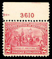 1907, 2¢ Jamestown (Scott 329), top plate number 360 single, o.g., ...