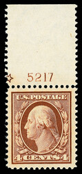 1908, 4¢ orange brown, D.L. watermark (Scott 334), full wide top ...
