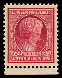 1909, 2¢ Lincoln Centenary, bluish paper (Scott 369), bottom margin ...