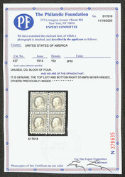 1914, 15¢ gray, S.L. watermark, perf. 10 (Scott 437), block of 4, ...