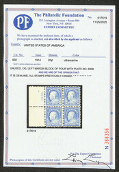 1914, 20¢ ultramarine, S.L. watermark, perf. 10 (Scott 438), left ...