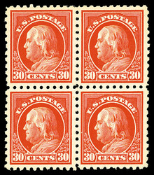 1914, 30¢ orange red, S.L. watermark, perf. 10 (Scott 439), block of ...