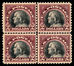 1920, $2 carmine & black (Scott 547), centerline block of 4, o.g., ...