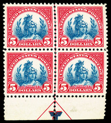 1923, $5 America (Scott 573), bottom margin arrow block of 4, o.g., ...