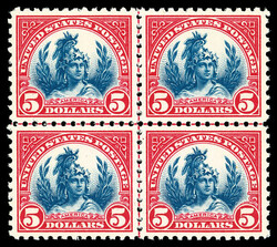 1923, $5 America (Scott 573), centerline block of 4, monumental ...