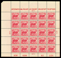 1926, White Plains souvenir sheet of 25 (Scott 630), upper left plate ...