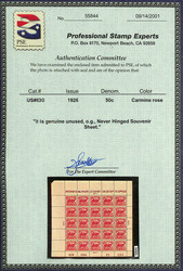 1926, White Plains souvenir sheet of 25 (Scott 630), upper left plate ...