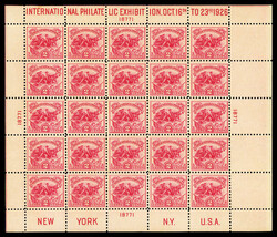 1926, White Plains souvenir sheet of 25 (Scott 630), lower right pane ...