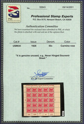 1926, White Plains souvenir sheet of 25 (Scott 630), lower right pane ...