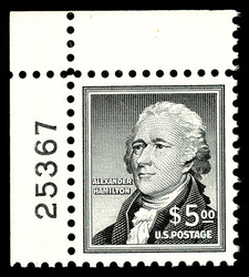 1956, Liberty Issue, $5 Hamilton (Scott 1053), top left plate number ...