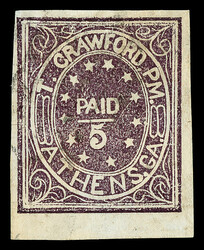 Athens, Ga., 1861, 5¢ purple (Scott 5X1), faint cancel at top, huge ...