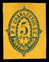 Charleston, S.C., 1861, 5¢ blue on orange (Scott 16XU3), 20 x 27mm ...