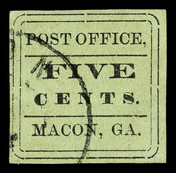 Macon, Ga., 1861, 5¢ black on light blue green, comma after "office ...