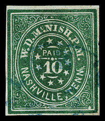 Nashville, Tenn., 1861, 10¢ green, plate variety with "TENM" and ...