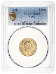 Cuba. Republica. Gold 5 Pesos, 1916, PCGS MS63 Marti; 0.900 fine, 0 ...