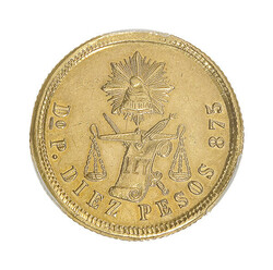 Mexico. Republica. Gold 10 Pesos, 1872 Do P. Durango PCGS AU55, Eagle ...