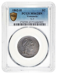 Venezuela. Republica. Centavo, 1862 PCGS MS62 BN, Heaton mint. Capped ...