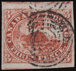 1851, Beaver, 3d red, on laid paper, imperforate (Scott 1), an ...