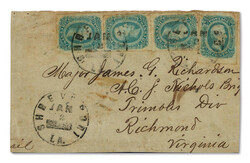 1864, West to East Trans-Mississippi Cover Front, four singles of ...